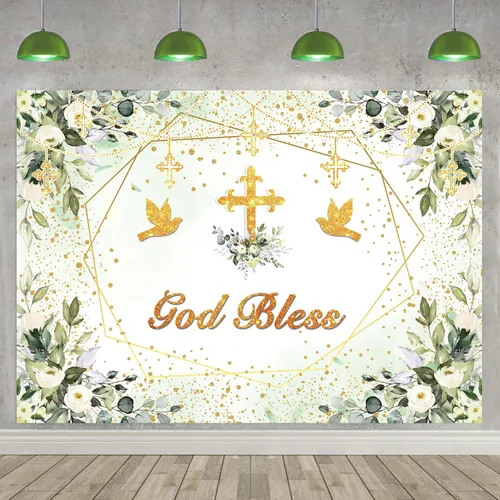 Miniatura 2 de Fondo verde y dorado para bautizo, decoración de fiesta de primera comunión, fondo de fotografía de bautizo, 7 x 5 pies (82 x 59 pulgadas)