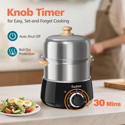 Miniatura 3 de CACHOO - Olla para huevos duros – Caldera rápida de acero inoxidable para 14 huevos con temporizador de 30 minutos y apagado automático, vaporizador