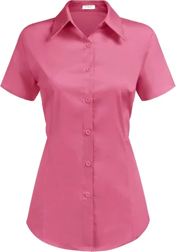 Miniatura 17 de HOTOUCH - Camisas básicas con botones para mujer de manga corta elásticas con cuello de botón para mesera y trabajo