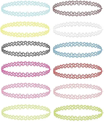 BodyJ4You Juego de 12 gargantillas elásticas estilo tatuaje, accesorios y joyería de los años 90 y 2000, rosado, azul, verde, colorido, arcoíris,