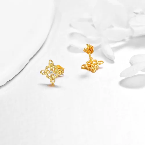 Miniatura 2 de Aretes de nudo de bruja de oro de 14 quilates para mujer, aretes de oro amarillo con nudo celta, aretes de tuerca de oro sólido, brujas triquetra