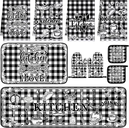 Miniatura 8 de Fourluoo Juego de 10 piezas de decoración de cocina con lazo rosa, 4 paños de cocina a cuadros rosados, 2 soportes para ollas, 2 guantes de horno, 2