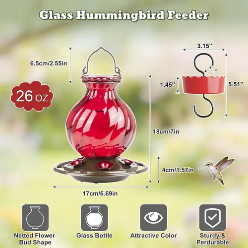Miniatura 3 de Auslar - Comedero para colibríes, de vidrio de 26 onzas, para colgar en exteriores, a prueba de hormigas y abejas, foso de hormigas y 5 puertos