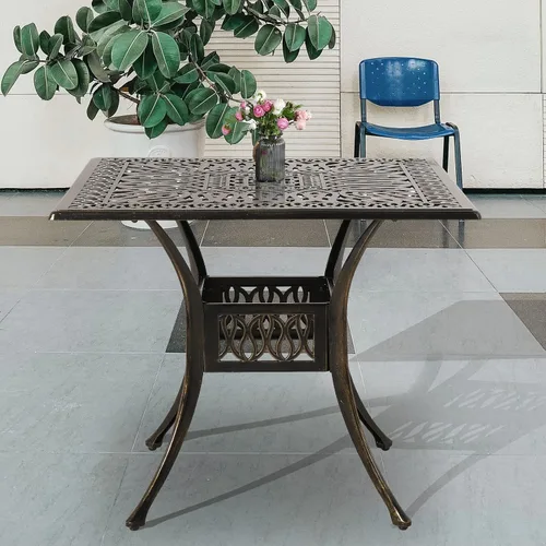 Miniatura 15 de Mesa de comedor al aire libre de 30.5 pulgadas, cuadrada, para patio, mesa de bistró, de aluminio fundido de bronce, mesa grande rústica con agujero