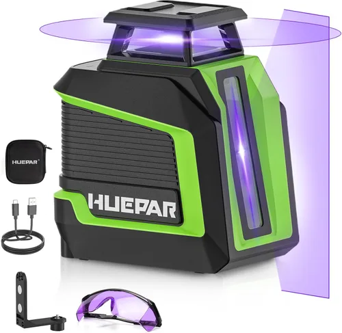 Nivel Láser de 360°, HUEPAR 82-165 Pies 3 Niveles de Brillo Nivel Láser Autonivelante con Modo de Pulso, Láser Púrpura de Alta Penetración Batería