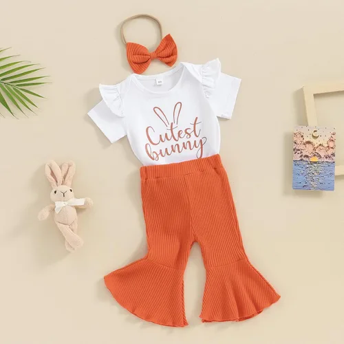 Miniatura 62 de Kuriozud Conjunto de mameluco con volantes para bebé recién nacida, con volantes, lindo conjunto de pantalones acampanados con diadema