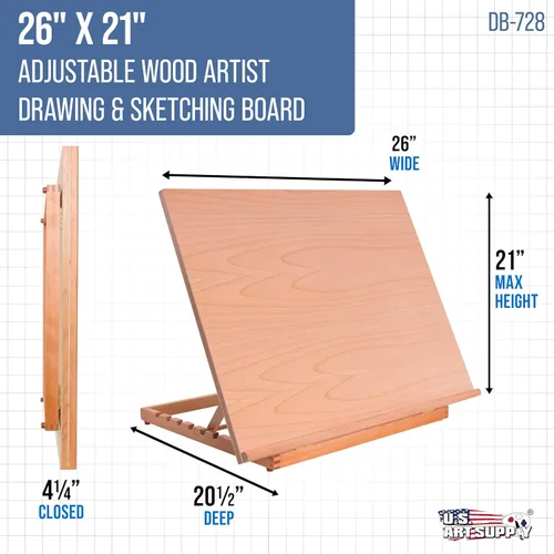 Miniatura 2 de U.S. Art Supply Tablero de dibujo de madera extragrande de 26" x 21", caballete de mesa ajustable para pintar y dibujar - Tablero de dibujo