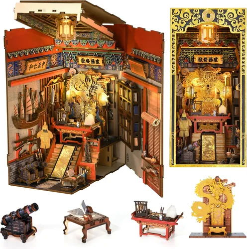Miniatura 21 de MiniCity - Kit de manualidades para rincón de lectura, estantería de libros, inserto de estantería de madera, rompecabezas 3D, sujetalibros con luz