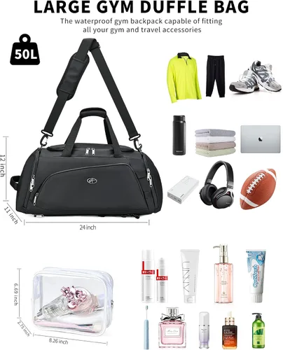 Miniatura 6 de Bolsa de gimnasio impermeable para hombres y mujeres, bolsa de lona convertible grande de 50 L, mochila y bolsa de hombro para viajes, fin