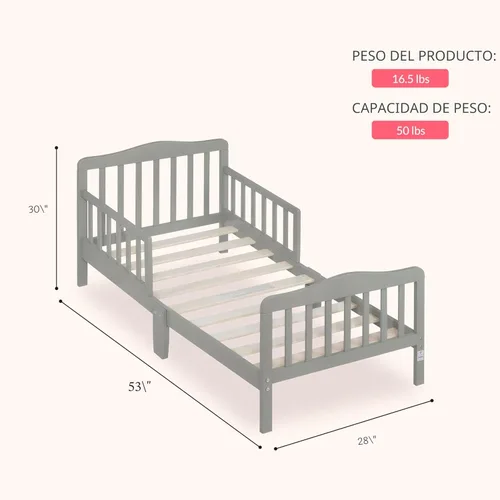 Miniatura 4 de Dream On Me Cama para niños pequeños de diseño clásico en gris claro, cama de madera baja al piso con rieles de seguridad, certificada GREENGUARD