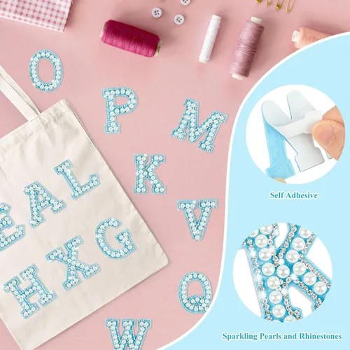 Miniatura 3 de Morcheiong 26 piezas de parches de letras con diamantes de imitación de perlas autoadhesivas A-Z, parches de letras de perlas para pegar en ropa