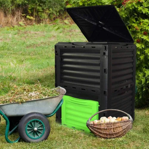 Miniatura 6 de Contenedor de compostaje estático de gran capacidad de 80 galones (300 litros), compostador de residuos verde bosque para exteriores con escotilla