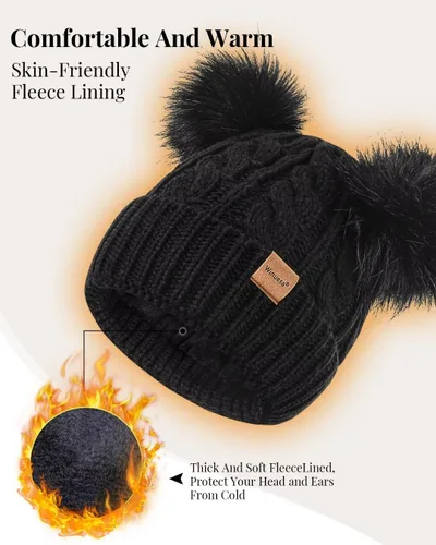 Miniatura 5 de Conjunto de gorro, bufanda y guantes de invierno para mujer, gorro con forro polar con doble pompón, guantes para pantalla táctil, bufanda de punto