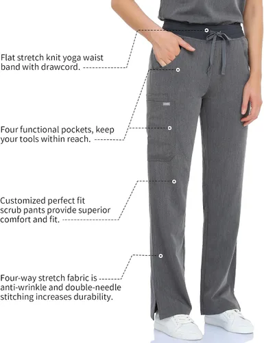 Miniatura 6 de COMENII Pantalones médicos para mujer, pantalones de tiro medio de pierna recta con cintura de yoga de punto, pantalones quirúrgicos antiarrugas