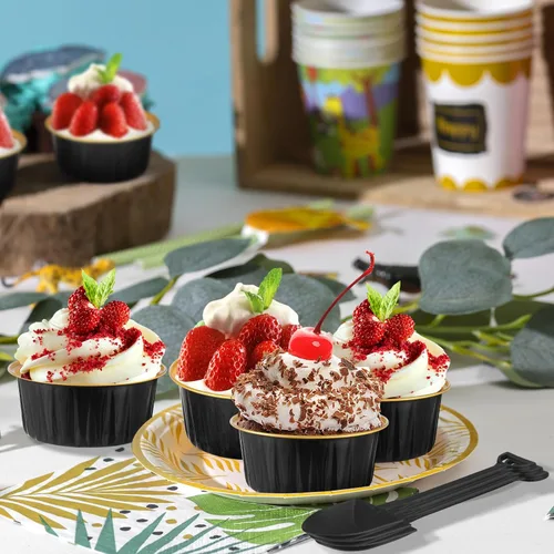 Miniatura 2 de Paquete de 200 recipientes de aluminio para cupcakes, tazas de postre de 5 onzas con tapas, mini moldes para pasteles con tapas para regalo, 100