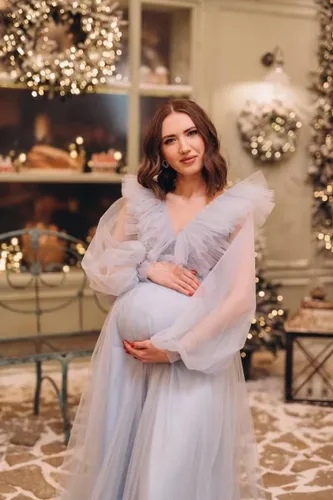 Miniatura 4 de Vestido de maternidad con volantes de tul para sesión de fotos, manga larga, cuello en V, baby shower, lencería de embarazo