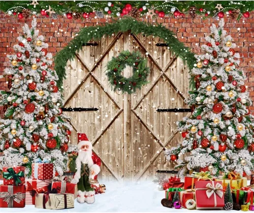 Telón de fondo de Navidad de invierno de 10 x 8 pies, puerta rústica de madera de granero, ladrillo rojo, Papá Noel, fondo de fotografía, árbol de