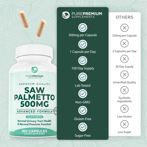 Miniatura 7 de Saw Palmetto Premium 500 mg para hombres y mujeres – Extracto de palma enana americana de máxima fuerza y suplemento en cápsulas en polvo – Apoya
