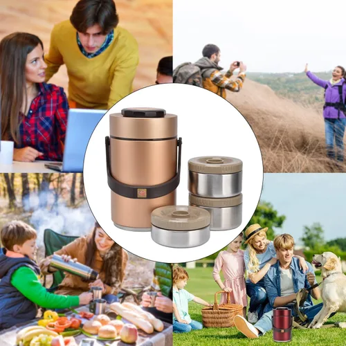 Miniatura 7 de 2.3L Vacuum Insulated Food Container with 3 Stackable Compartments 304 Stainless Steel Leak Proof Adults Thermal Food Jar for Work Travel Picnic Gold