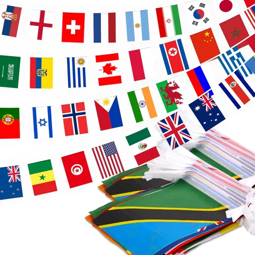 Miniatura 8 de Bandera de cuerda de 200 países, bandera internacional de 184 pies, decoración de bandera mundial para fiesta de la Copa del Mundo, escuela, eventos