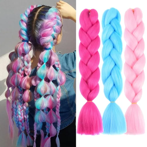 Miniatura 15 de Paquete de 3 extensiones de cabello trenzado de colores de 24 pulgadas, extensiones de cabello sintético para trenzar, morado, verde, amarillo