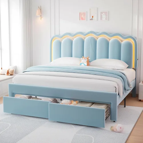 Miniatura 18 de Base de cama LED tapizada tamaño matrimonial con 2 cajones de almacenamiento y cabecera doble ondulada ajustable, cama de plataforma de terciopelo
