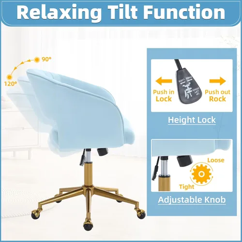 Miniatura 23 de ABET Silla de escritorio con ruedas, silla de oficina en casa de terciopelo, silla giratoria con base dorada, sillas acentuadas modernas tapizadas