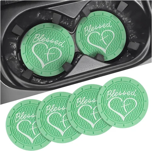 AICEL Paquete de 4 posavasos para automóvil, inserto para portavasos de PVC suave de 2.75 pulgadas, tapete para beber cristiano antideslizante y a