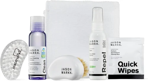 Jason Markk Caja de iniciación, kit de limpieza de zapatos, juego de 6 piezas, soluciones de limpieza profunda, dos cepillos y toalla de microfibra,