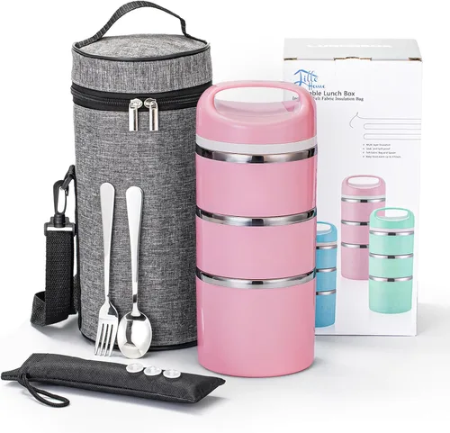 Miniatura 9 de Lille Home Contenedores de Almuerzo Apilables de Acero Inoxidable, Capacidad de 43OZ 3 Capas Caja Bento a Prueba de Fugas para Adultos, Lonchera