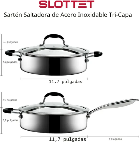 Miniatura 7 de SLOTTET Sartén de acero inoxidable de tres capas con tapa, sartén profunda de 5 cuartos de galón con cómodo mango de silicona, sartén de 11.5