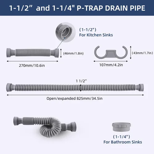 Miniatura 2 de iFealClear Paquete de 2 tubos de drenaje P-Trap, tubo de drenaje flexible para fregadero con 4 anillos de sellado de goma, tubo de trampa P Gris
