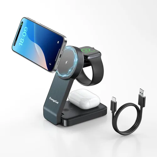 EnergyCell Estación de carga inalámbrica 3 en 1 para dispositivos Apple, cargador inalámbrico de 15W para iPhone 17/16/15/14/13/12, Apple Watch,