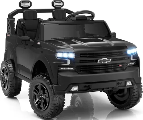 First Ride On 24V 2 Plazas Paseo en Juguetes Chevrolet Silverado con Licencia, Vehículo Eléctrico con Control Remoto y Cinturones de Seguridad, Negro