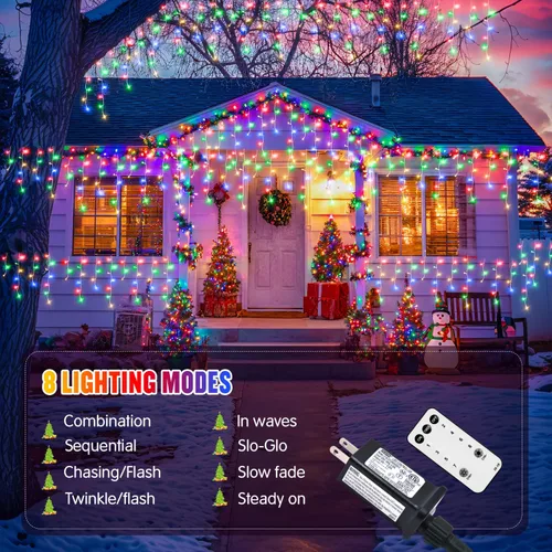 Miniatura 4 de JMEXSUSS 400 luces LED de Navidad de carámbano de 38.8 pies con control remoto, tira de luces multicolor para exteriores enchufables, 8 modos