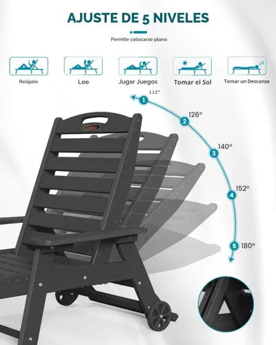 Miniatura 4 de Silla de Descanso para Exteriores, Silla de Descanso Chaise Lounge de Gran Tamaño con 5 Posiciones, HDPE, Silla de Descanso para Patio con Ruedas