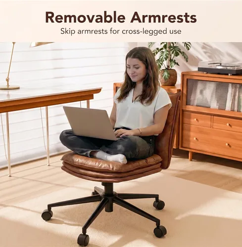 Miniatura 5 de Silla de oficina marrón con asiento ancho grueso de triple capa, silla de escritorio de cuero con respaldo medio con ruedas y brazos, silla