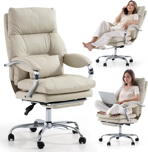 Miniatura 11 de LEAGOO Silla de oficina reclinable con reposapiés, sillas de oficina ejecutivas con brazos, ergonómicas de cuero sintético con respaldo alto, Caqui