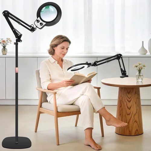 Miniatura 11 de KIRKAS Lámpara de pie con aumento 12X con base para esteticistas de 2,200 lúmenes, lente de cristal iluminada, soporte ajustable y brazo giratorio