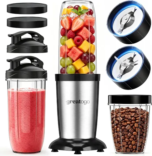 Licuadora personal para batidos y batidos, licuadora compacta portátil de cocina con 2 tazas para llevar de 24 onzas, taza de molienda de 10 onzas
