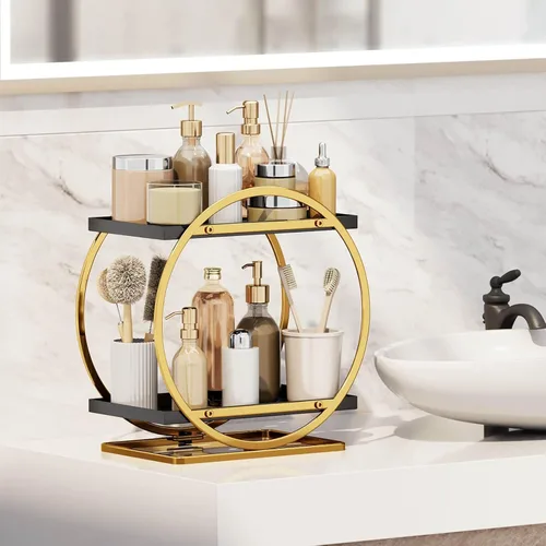 Miniatura 2 de Organizador de Maquillaje para Tocador, Organizador de Perfumes Negro Dorado para Cómoda, Organizadores de Encimera de Baño de 2 Niveles, Estante