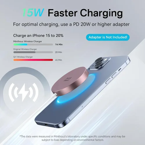 Miniatura 2 de Cargador inalámbrico magnético, cargador inalámbrico Minthouz de 15 W de carga rápida para iPhone, almohadilla de carga inalámbrica segura para Rosa
