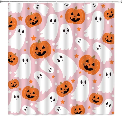 Miniatura 2 de Bonita cortina de ducha fantasma de Halloween, calabaza espeluznante, divertida tela de dibujos animados para decoración de baño, bañera con ganchos