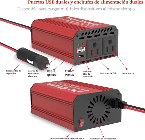 Miniatura 6 de Pro Chaser Inversores de Potencia de 400W para Vehículos - Convertidor Inversor de Coche de CC 12v a 110v CA, USB-A, Puertos USB-C PD 65W, Adaptador