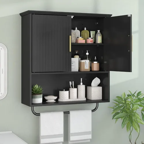Miniatura 10 de Gabinete de Medicina de Granja - Organizador de Almacenamiento de 3 Niveles Montado en Pared con Estantes Ajustables, Barra para Toallas, 5 Ganchos