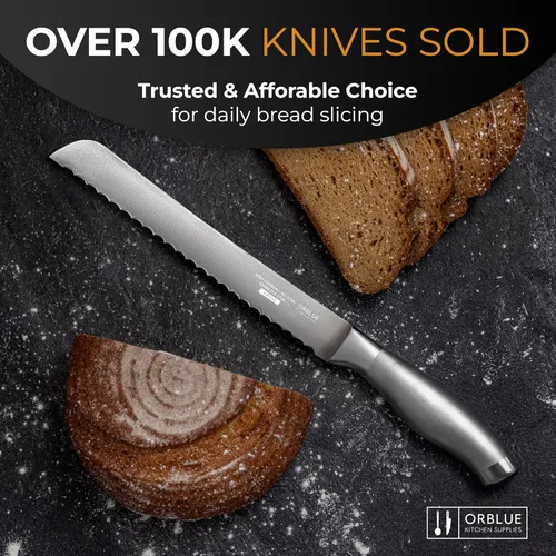 Miniatura 7 de Cuchillo de Pan Dentado Orblue con Borde Ondulado Súper Afilado de Acero Inoxidable Mejorado - Cortador de Pan Ideal para Rebanar Bagels Caseros