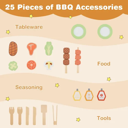 Miniatura 4 de HONEY JOY Cocina de barro, juego de parrilla de madera de abeto para niños al aire libre, juego de comida y herramientas de parrilla, bandeja