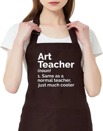 Art Teacher Apron for Women Art Lovers Waterproof Adjustable Bib 2 Pockets Kitchen Cooking Apron Artist Mentor Gift Brown