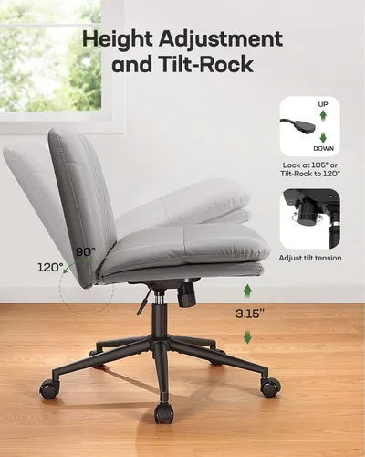 Miniatura 6 de Marsail Silla de escritorio sin brazos con ruedas: Silla amplia de cuero sintético con piernas cruzadas, silla giratoria ajustable y cómoda