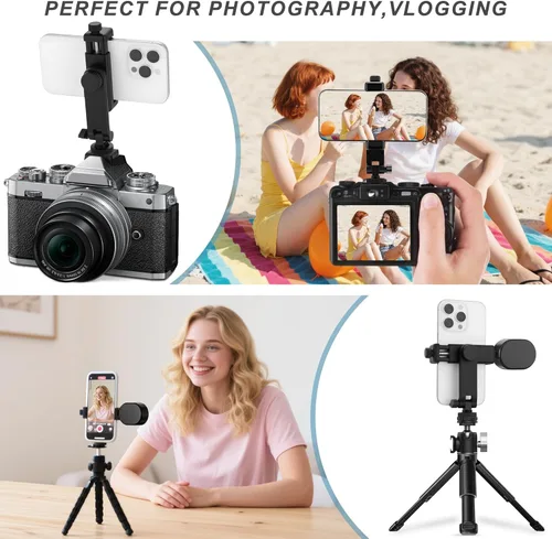 Miniatura 6 de Soporte universal de trípode para teléfono celular, soporte de zapata caliente para cámara con abrazadera de rotación de 360 grados, orificio
